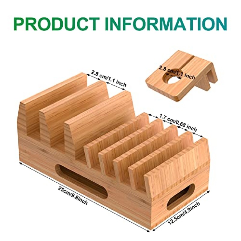 Pezin & Hulin Bamboo 충전 스테이션 홀더(5포트 USB 충전기, 시계 스탠드, 6 x 충전 케이블, 목재 도킹 스탠드 여러 장치, 휴대폰, 태블릿, 노트북 등을 위한 전자 정리함)