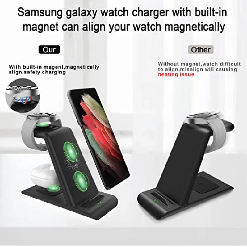 삼성 무선 충전기 스탠드 자석용 무선 충전 스테이션 Galaxy Watch 6 40/44/43/47/5 Pro/4/3 Active 2/1 Galaxy S23/S22/S21/S20/S10/e/Note 20/10/9/ 8/ Galaxy Buds2 Pro/Live 다중 장치