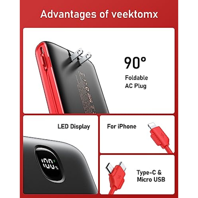 케이블 및 AC 벽면 플러그가 내장된 VEEKTOMX 휴대용 충전기, 22.5W USB C 고속 충전 전원 은행 20000mAh, iPhone/삼성 및 기타 스마트 장치와 호환되는 대용량 배터리 충전기