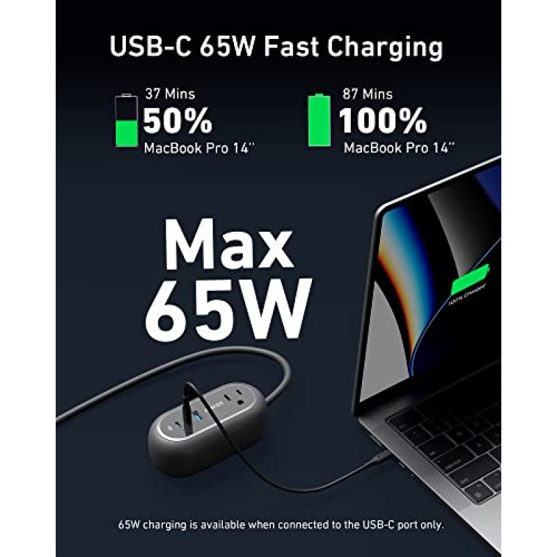 Anker GaNPrime 65W 충전 스테이션, 여행 및 업무용 615 USB C 전원 스트립, 2AC가 포함된 5-in-1 전원 스트립, USB C 2개, USB A, 3피트, iPhone 15/15 Plus/15 Pro/15 Pro Max용 전원 공급 ,그리고 더 많은 것(검은색)