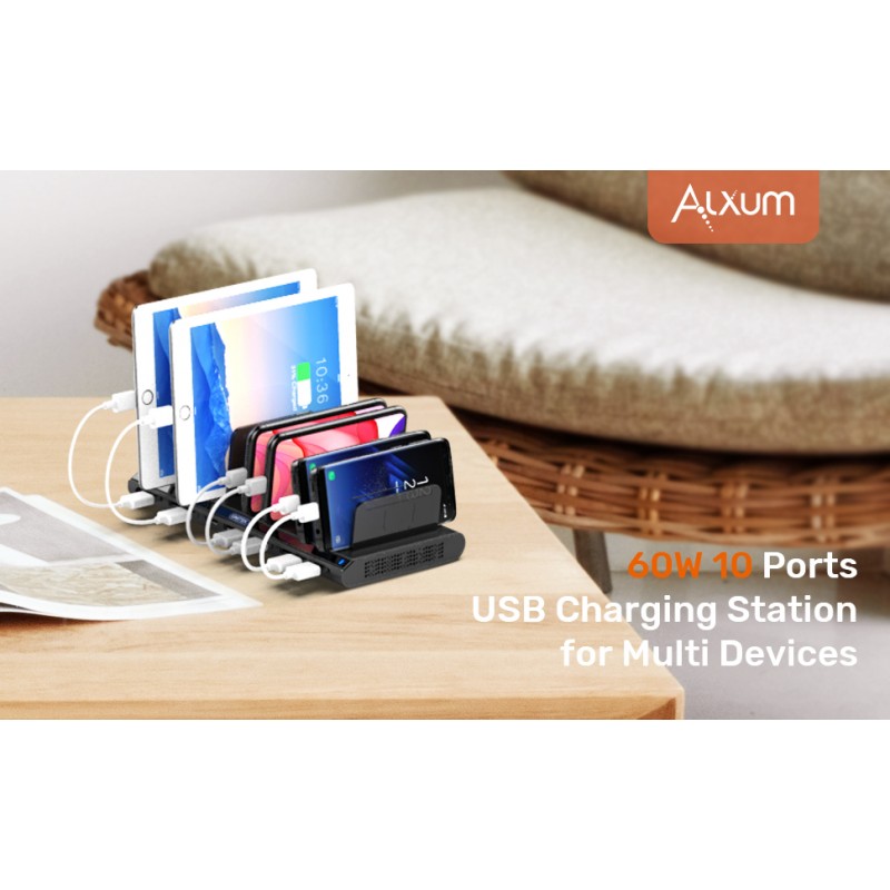 Alxum 60W 10 포트 USB 충전 스테이션 다중 충전기 스테이션, iPad, iPhone Xs Max, X, 8 Plus용 USB 정리 스탠드,