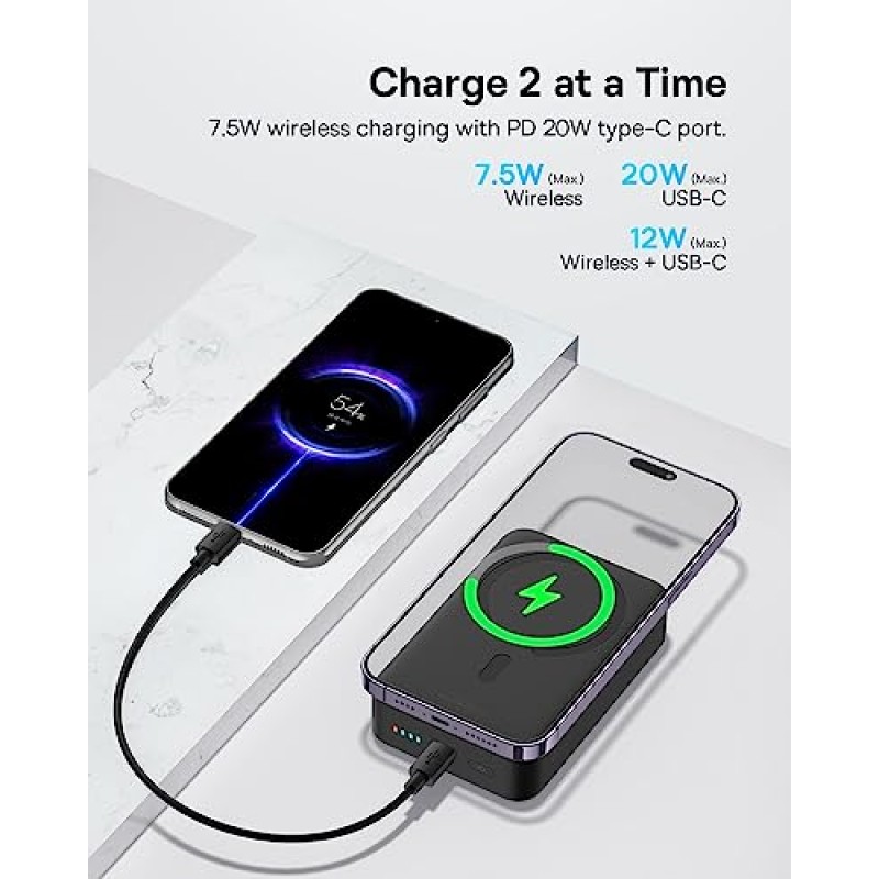 Baseus 20000mAh 자기 배터리 팩, PD 20W 휴대용 충전기 전원 은행, USB-C 케이블을 사용한 무선 전원 은행 고속 충전, MagSafe용, iPhone 14/13/12 시리즈 및 AirPods 3/2/Pro용, 블랙