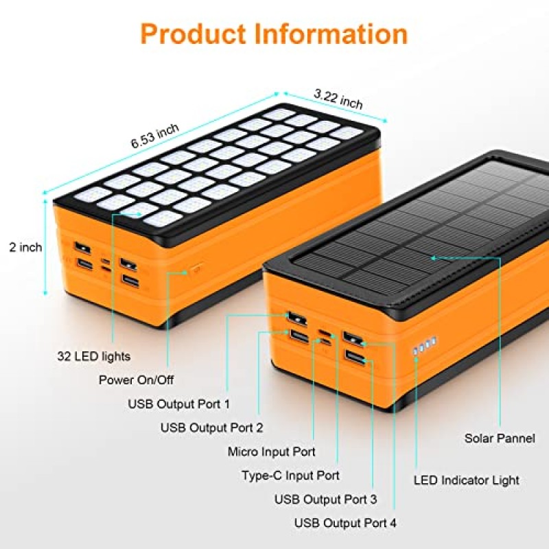 태양열 충전기 보조베터리, iPhone, 휴대폰, 32 LED와 호환되는 60000mAh 휴대용 충전기 야외 캠핑, 가정 비상용, 4 출력 및 2 입력 포트(주황색)용 외부 배터리 팩