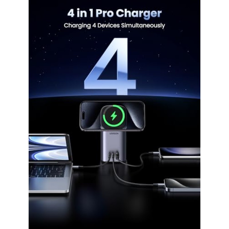 iPhone 15 Pro Max/15/14/13/12, AirPods Pro, MacBook Pro/Air, iPad, Dell XPS, Galaxy S23용 GaN 데스크탑 4 in 1 충전 스테이션용 15W MagSafe 충전기 무선을 갖춘 UGREEN Nexode 100W USB C 충전기