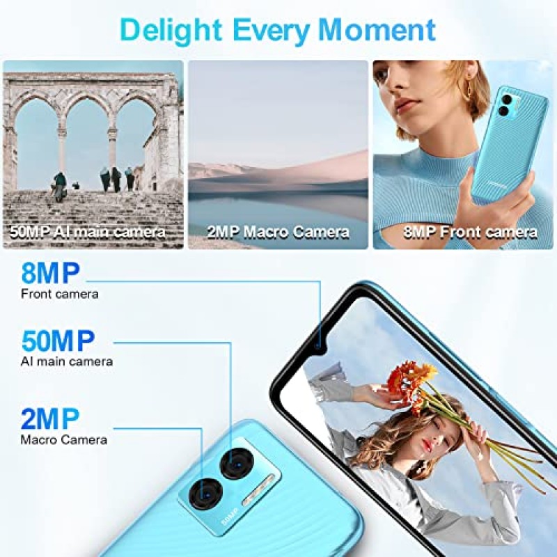 두지 N50 |2023| 언락 휴대폰, 15GB RAM+128GB ROM, Android 13 스마트폰, 50MP AI 카메라 휴대폰, 확성기, 6.52인치 HD+디스플레이 Android 스마트폰, 듀얼 Sim 4G, OTG/지문 블루