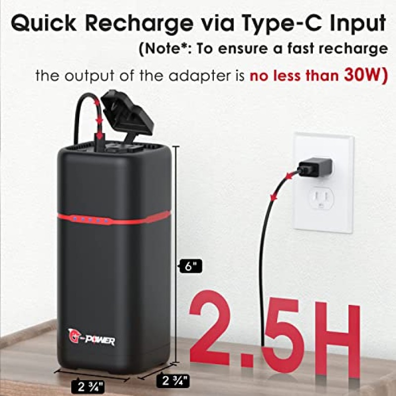 노트북용 G-POWER 파워 뱅크, 20000mAh/74Wh 충전기 파워 뱅크 80W(피크 100W), AC 콘센트/30W Type-C/USB-A 포트, 고속 충전 가정/여행/긴급 백업용 경량 휴대용 파워스테이션