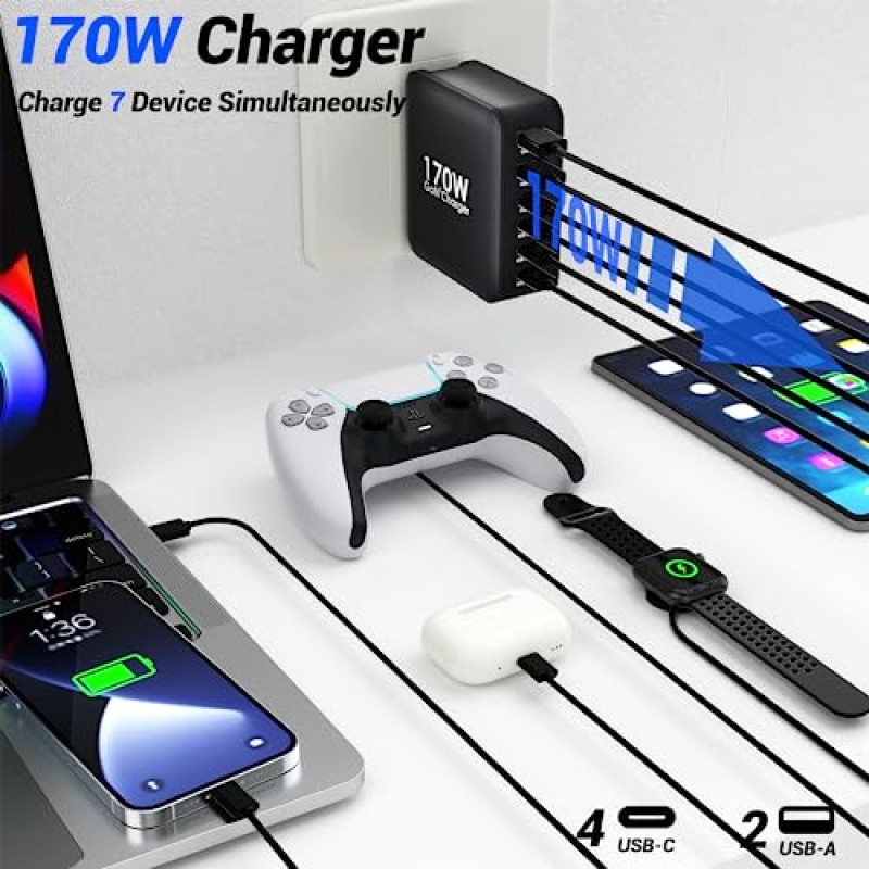 USB C 벽 충전기 듀얼 100W, Ubigbuy 170W 6 Prots GaN USB C 노트북 충전기 접이식 PD QC PPS MacBook Pro/Air,iPad Pro,iPhone,S23 Ultra용 2m 케이블이 있는 고속 충전 블록