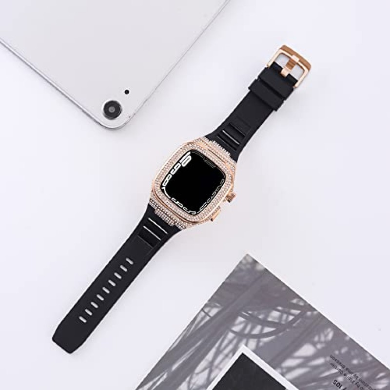 남성용 블링 애플 시계 밴드 44mm 45mm, 45mm 44mm 케이스 실리콘 밴드(보호대 포함) iWatch 시리즈 8 7 45mm 6 5 4 SE 44mm 헤비 듀티 메탈 케이스 스트랩 블링 디자인의 전체 보호 커버