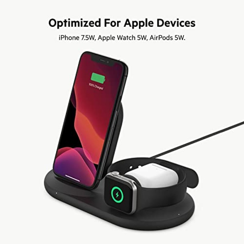 Belkin 3-in-1 무선 충전기 - Apple iPhone, Apple Watch 및 AirPods 케이스용 고속 충전 스탠드 여러 장치용 Qi 스테이션 호환 - 블랙