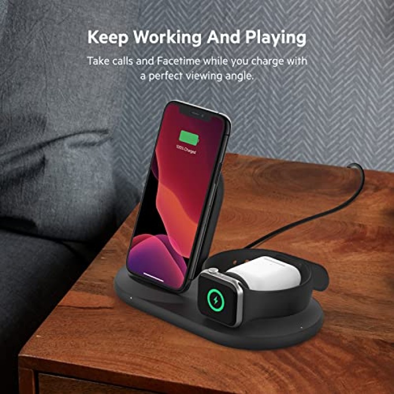 Belkin 3-in-1 무선 충전기 - Apple iPhone, Apple Watch 및 AirPods 케이스용 고속 충전 스탠드 여러 장치용 Qi 스테이션 호환 - 블랙