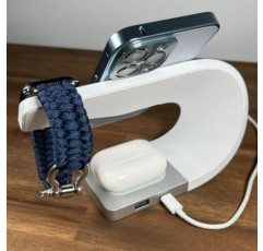 GRAV 파동 충전 LFX-178; 3 in 1 무선 충전 스테이션; Apple iPhone, Apple Watch 및 Airpods와 호환됩니다. 15W MagSafe 충전 스테이션; 18W Qualcomm 3.0 급속 충전 USB 어댑터; (하얀색)