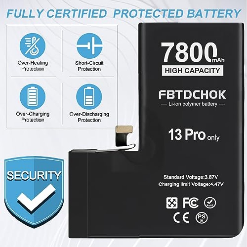 FBTDCHOK 7800mAh 업그레이드된 교체용 배터리, iPhone 13 Pro와 호환 가능, [새 버전] iPhone 13 Pro용 초고용량 0 사이클 A+ 배터리 교체, 완전한 수리 도구 키트 포함