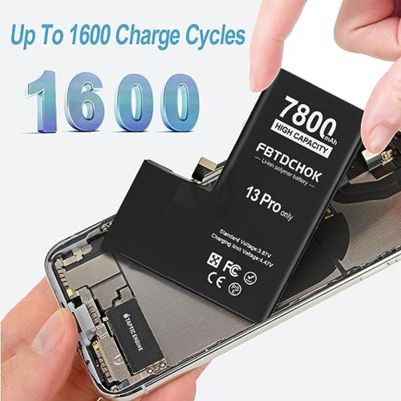 FBTDCHOK 7800mAh 업그레이드된 교체용 배터리, iPhone 13 Pro와 호환 가능, [새 버전] iPhone 13 Pro용 초고용량 0 사이클 A+ 배터리 교체, 완전한 수리 도구 키트 포함