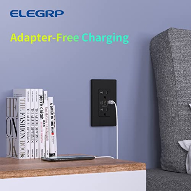 ELEGRP 36W PD 2.0 USB 벽면 콘센트, iPhone/iPad/삼성/LG/HTC/안드로이드 장치용 듀얼 타입 C 전원 공급 및 고속 충전, 20Amp USB 콘센트, UL 등록, 벽면 플레이트 포함, 6팩, 검정색