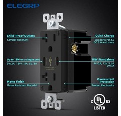ELEGRP 36W PD 2.0 USB 벽면 콘센트, iPhone/iPad/삼성/LG/HTC/안드로이드 장치용 듀얼 타입 C 전원 공급 및 고속 충전, 20Amp USB 콘센트, UL 등록, 벽면 플레이트 포함, 6팩, 검정색