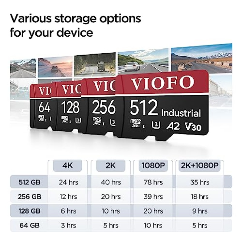 VIOFO 256GB 산업용 microSD 카드, U3 A2 V30 고속 메모리 카드(어댑터 포함), Ultra HD 4K 비디오 녹화 지원, 대시 캠, 액션 카메라, Android 스마트폰, 태블릿, 게임용