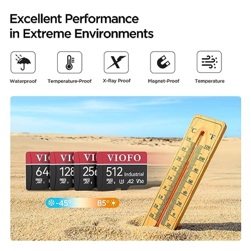 VIOFO 256GB 산업용 microSD 카드, U3 A2 V30 고속 메모리 카드(어댑터 포함), Ultra HD 4K 비디오 녹화 지원, 대시 캠, 액션 카메라, Android 스마트폰, 태블릿, 게임용