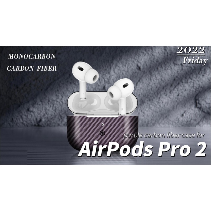 조절 가능한 스트랩이 있는 AirPods Pro 2용 모노카본 탄소 섬유 케이스 견고한 보호 및 긁힘 방지 AirPods Pro 2 커버 [무선 충전 지원] 매트 퍼플.