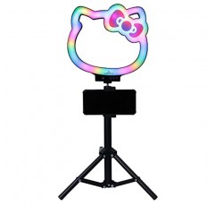 Impressions Vanity Hello Kitty 10인치 RGB 데스크 링 라이트(스탠드 및 휴대폰 홀더 포함), LED 셀카 조명(무지개 색상 모드 포함), 소음 센서는 TikTok에 딱 맞는 음악 비트에 조명 효과를 제공합니다.