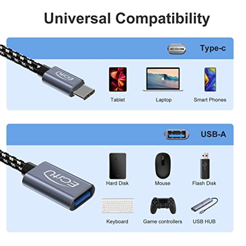 ecjtu USB A - USB C 케이블 1FT(2팩)