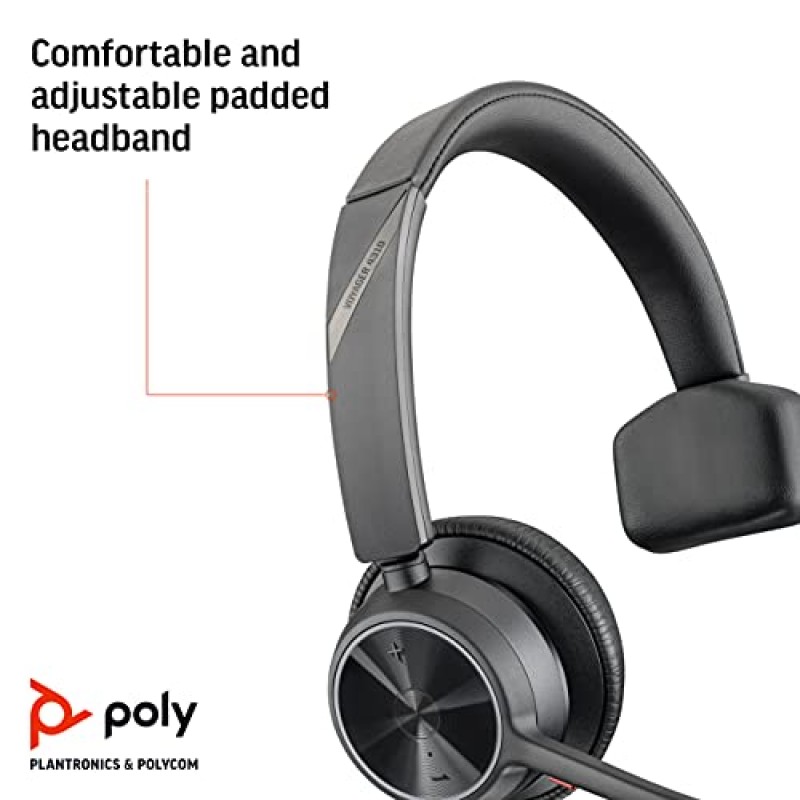 Poly - Voyager 4310 UC 무선 헤드셋(Plantronics) - 붐 마이크가 포함된 단일 이어 헤드셋 - USB-C Bluetooth 어댑터를 통해 PC/Mac에 연결, Bluetooth를 통해 휴대폰에 연결 - Teams, Zoom 등과 호환, 블랙