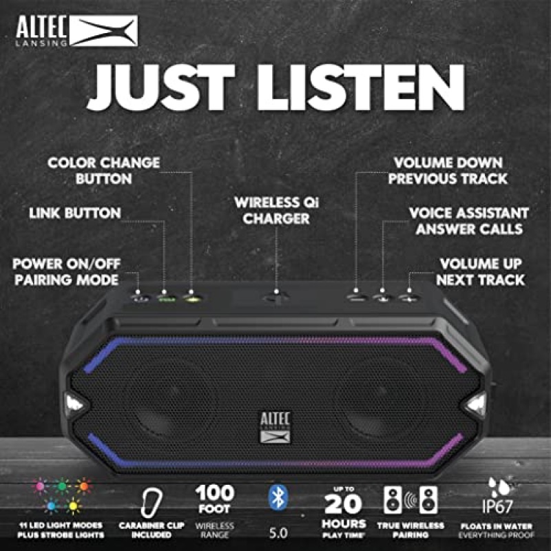 Altec Lansing HydraBlast 무선 휴대용 Bluetooth 스피커, 파티용 IP67 방수, 휴대폰 충전기 및 LED 조명이 내장된 USB C 충전식 야외 스피커, 20시간 재생 시간(검은색)