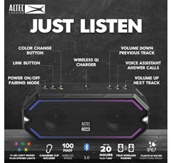 Altec Lansing HydraBlast 무선 휴대용 Bluetooth 스피커, 파티용 IP67 방수, 휴대폰 충전기 및 LED 조명이 내장된 USB C 충전식 야외 스피커, 20시간 재생 시간(검은색)