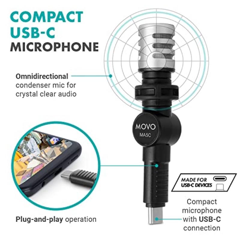 콘텐츠 제작자를 위한 Movo uVlogSK 스타터 키트 - Android 및 USB-C 장치용 스마트폰 비디오 블로깅 키트 - USB-C 마이크, LED 비디오 조명, 휴대폰 홀더, 그립 및 미니 삼각대 포함