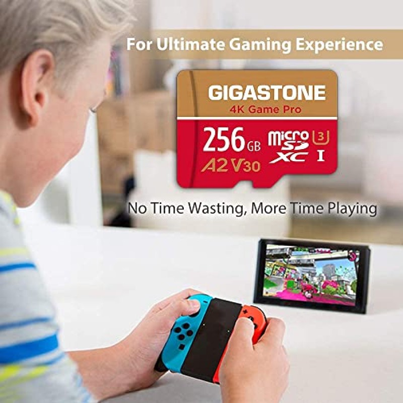 [5년 무료 데이터 복구] Gigastone 256GB 2팩 마이크로 SD 카드, 4K Game Pro MAX, Nintendo-Switch용 A2 V30 MicroSDXC 메모리 카드, 4K UHD 비디오, 최대 130/85MB/s, UHS-I U3 C10 어댑터 포함