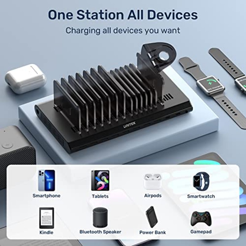 Unitek USB 충전 스테이션 120W 10 QC 3.0 PD 45W 포트가 있는 여러 Apple 장치용 고속 포트 다중 충전 도킹 허브, iPad, iPhone, 태블릿, iwatch, 휴대폰과 호환되는 충전기 구성