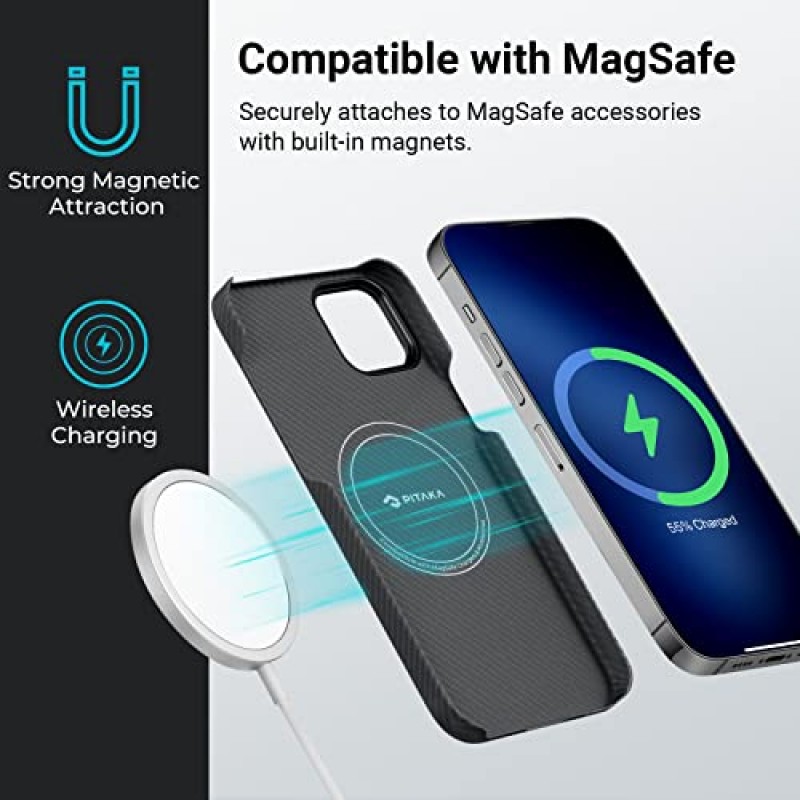 PiTAKA Case for iPhone 14 Plus MagSafe와 호환되는 슬림하고 가벼운 iPhone 14 Plus 케이스 6.7인치, 케이스 없는 터치감, 600D 아라미드 섬유 제작 [MagEZ Case 3 - 블랙/그레이(트윌)]