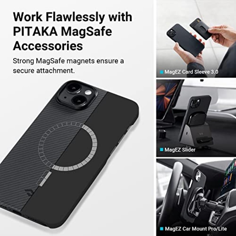 PiTAKA Case for iPhone 14 Plus MagSafe와 호환되는 슬림하고 가벼운 iPhone 14 Plus 케이스 6.7인치, 케이스 없는 터치감, 600D 아라미드 섬유 제작 [MagEZ Case 3 - 블랙/그레이(트윌)]