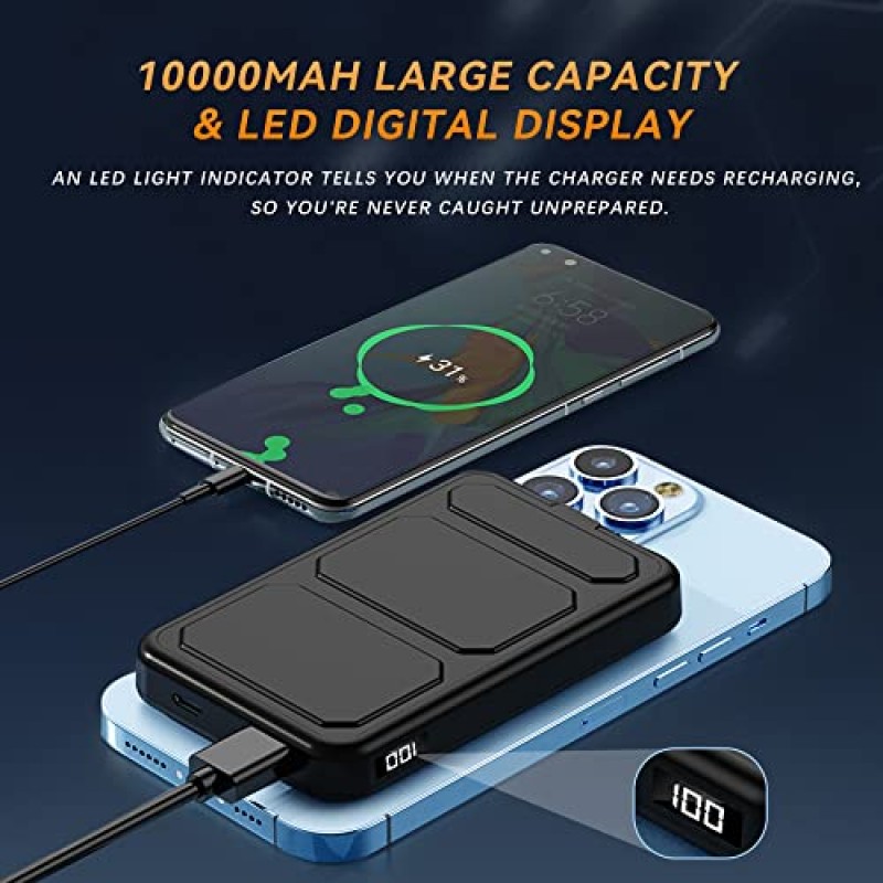 ANEW 마그네틱 휴대용 무선 충전기, 접이식 10000mAh Magsafe 배터리 팩(USB-C 케이블 포함) LED 디스플레이, 마그네틱 파워 뱅크 22.5W PD 고속 충전, iPhone 14/13/12/Pro/Mini/Pro Max, 블랙