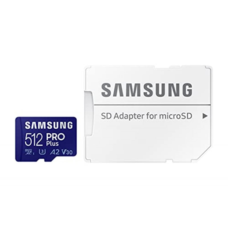 SAMSUNG PRO Plus + 어댑터 512GB microSDXC Android 스마트폰, 태블릿, Go Pro 및 DJI Drone(MB-MD512KA/AM)용 최대 160MB/s UHS-I, U3, A2, V30, Full HD 및 4K UHD 메모리 카드