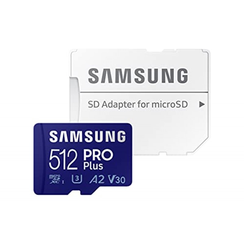 SAMSUNG PRO Plus + 어댑터 512GB microSDXC Android 스마트폰, 태블릿, Go Pro 및 DJI Drone(MB-MD512KA/AM)용 최대 160MB/s UHS-I, U3, A2, V30, Full HD 및 4K UHD 메모리 카드