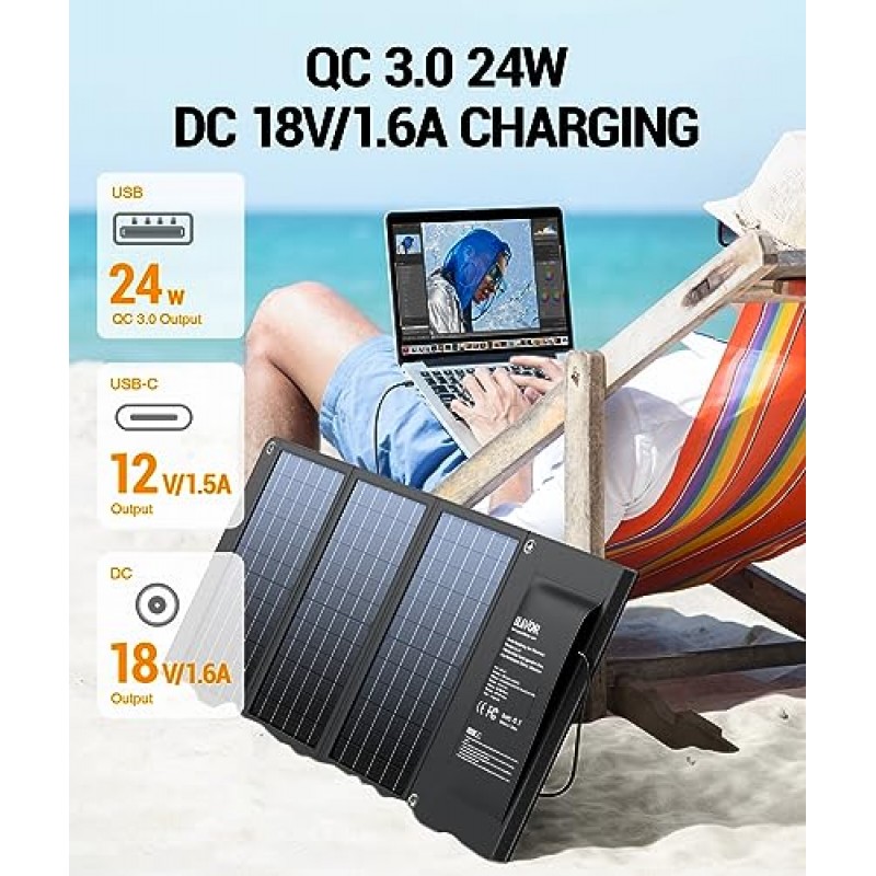 [업그레이드됨] BLAVOR 30W 태양광 충전기 USB-A QC3.0 24W USB-C DC 30W 출력, 캠핑용 접이식 태양광 패널, IPX4 방수, 태양광 발전기, 휴대폰, 태블릿과 호환되는 태양광 배터리 충전기