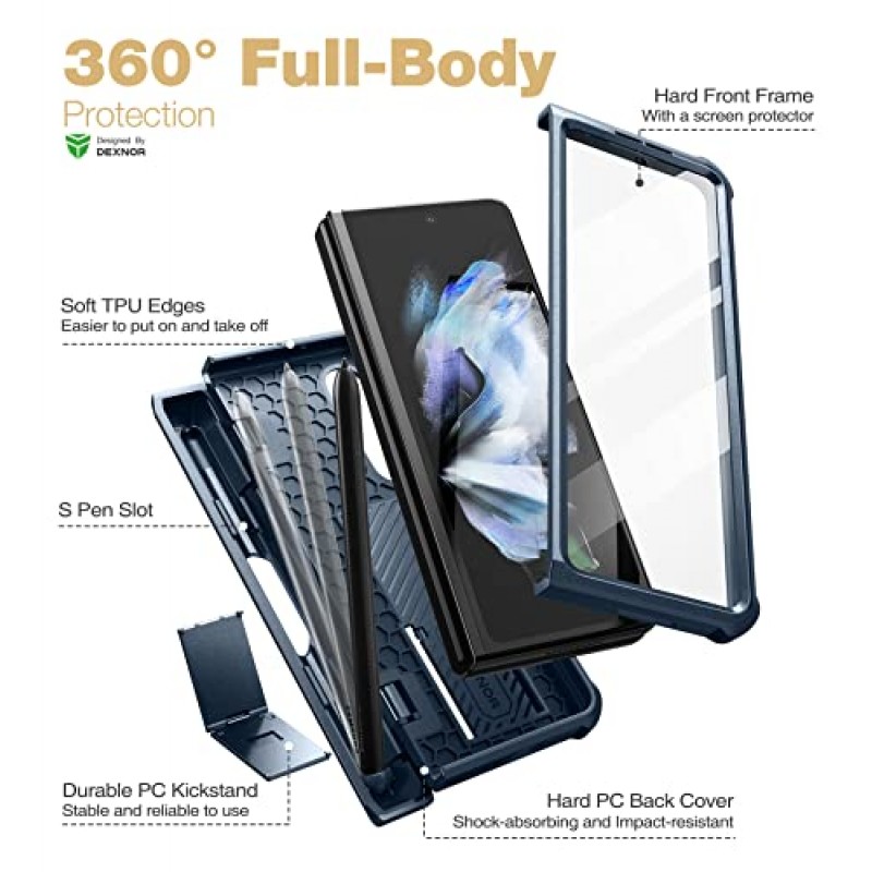 Samsung Galaxy Z Fold 3(2021)용 Dexnor Shielder 시리즈 케이스, 화면 보호 장치 및 킥스탠드 및 S 펜 슬롯이 내장된 군용 등급 전신 충격 방지 견고한 범퍼 케이스 커버, 네이비 블루