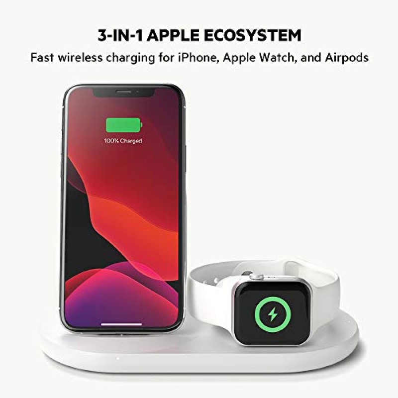 iPhone, Apple Watch 및 AirPods용 Belkin 3-in-1 고속 무선 충전 스탠드 - iPhone 케이스 호환 Qi 충전기 - 여러 장치용 충전 스테이션 - 화이트