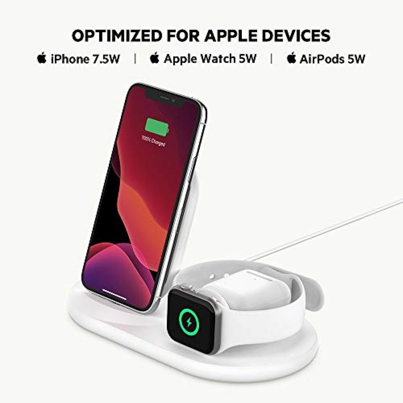 iPhone, Apple Watch 및 AirPods용 Belkin 3-in-1 고속 무선 충전 스탠드 - iPhone 케이스 호환 Qi 충전기 - 여러 장치용 충전 스테이션 - 화이트