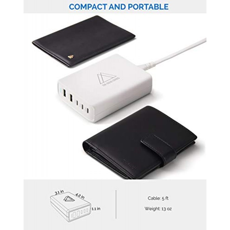 Powergence Go 울트라포터블 110W 5포트 USB-C 및 USB-A PD 벽면 충전기(QC 3.0 포함) - iPhone, Samsung Galaxy, iPad, MacBook, Google Pixel, Thinkpad 및 XPS용 전원 어댑터