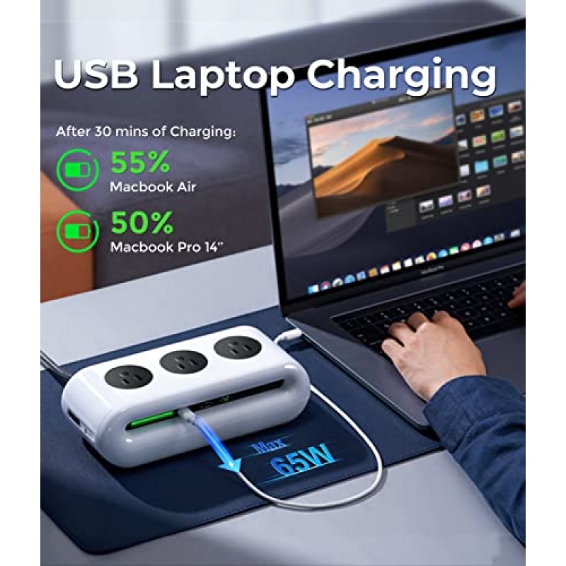 iSwift 65W USB-C 고속 충전 스테이션, 6-in-1 전원 스트립(AC 3개, USB C 2개 및 USB A 1개 포함 데스크탑 충전 스테이션 포함), 5피트 연장 코드, 회의실용 전원 공급 장치, 데스크탑 액세서리