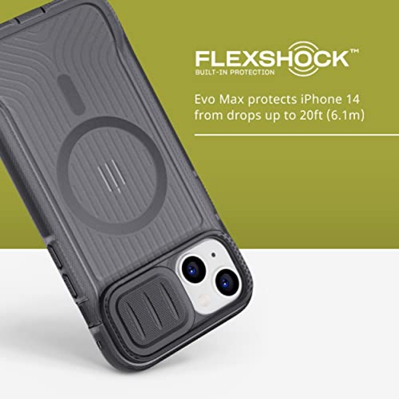 Tech21 iPhone 14 Plus Evo Max는 MagSafe®와 호환됩니다. 홀스터와 20피트 FlexShock 다중 낙하 보호 기능을 갖춘 내구성 있고 충격 흡수성이 뛰어난 견고한 휴대폰 케이스입니다.