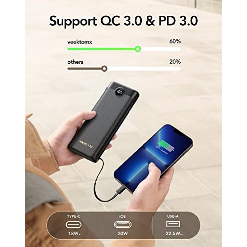 보조베터리 30000mAh, VEEKTOMX 22.5W 고속 충전 휴대용 충전기 내장 케이블, USB C 배터리 팩, 외부 여행용 배터리 뱅크 iPhone, Samsung, 여행용 Android 기기와 호환(1팩)