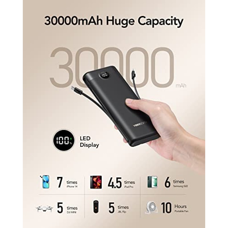 보조베터리 30000mAh, VEEKTOMX 22.5W 고속 충전 휴대용 충전기 내장 케이블, USB C 배터리 팩, 외부 여행용 배터리 뱅크 iPhone, Samsung, 여행용 Android 기기와 호환(1팩)