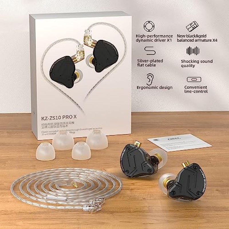 KZ ZS10 PRO X HiFi IEMs 업그레이드된 1DD + 4BA 하이브리드 드라이버 HiFi 이어폰 헤드폰 이어폰(오디오파일 음악가 DJ 스테이지용 합금 페이스플레이스 분리형 케이블 포함)(매트 블랙, 마이크 제외)