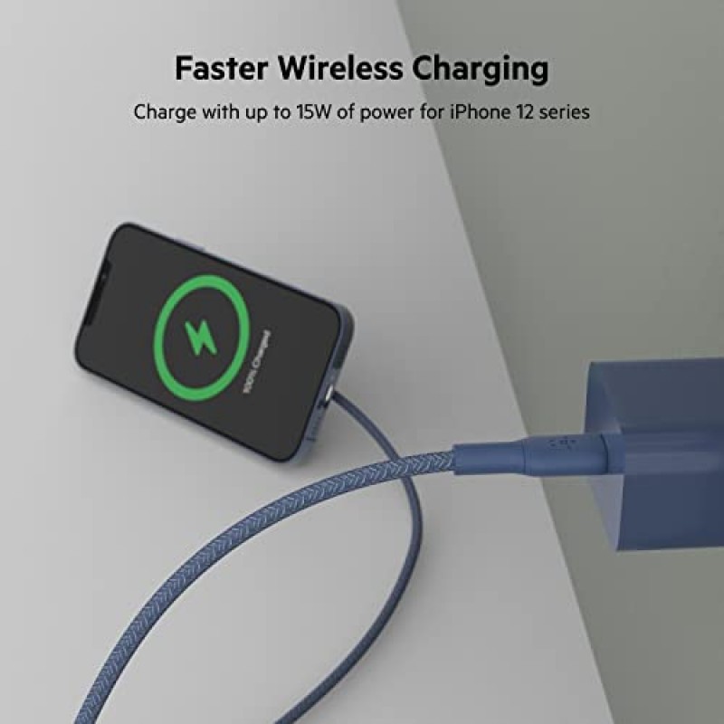 MagSafe용 Belkin 무선 충전기, 15W 고속 충전 패드(27W USB-C 벽면 충전기 포함), 킥 스탠드 포함, iPhone 15, 15 Pro, 15 Pro Max, 14 및 13, iPhone Mini용 6.6피트 긴 편조 케이블 - 블루