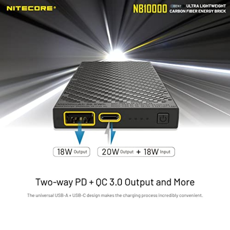 Nitecore NB10000 GEN 2 USB 및 USB-C 듀얼 출력 및 휴대폰, 헤드램프용 케이블이 포함된 초슬림 10000mAh 급속 충전 전원 은행 미니 멀티 도구 키체인 COB 손전등과 함께 번들로 제공되는 LifeMods