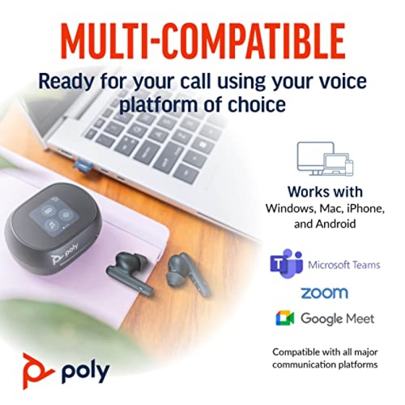 Poly Voyager Free 60+ UC True Wireless 이어버드(Plantronics) - 선명한 통화를 위한 소음 제거 마이크 - ANC - 터치 컨트롤이 포함된 스마트 충전 케이스 - iPhone, Android, PC/Mac, Zoom, Teams에서 작동 - Amazon 독점