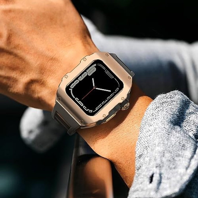 AHNHSKY 316L 스테인레스 스틸 케이스, Apple Watch 시리즈 9 8 7 45mm, 6/5 44mm, 고급 견고한 군용 보호 금속 커버 전술 헤비 듀티 보호 스트랩 남성용 iWatch