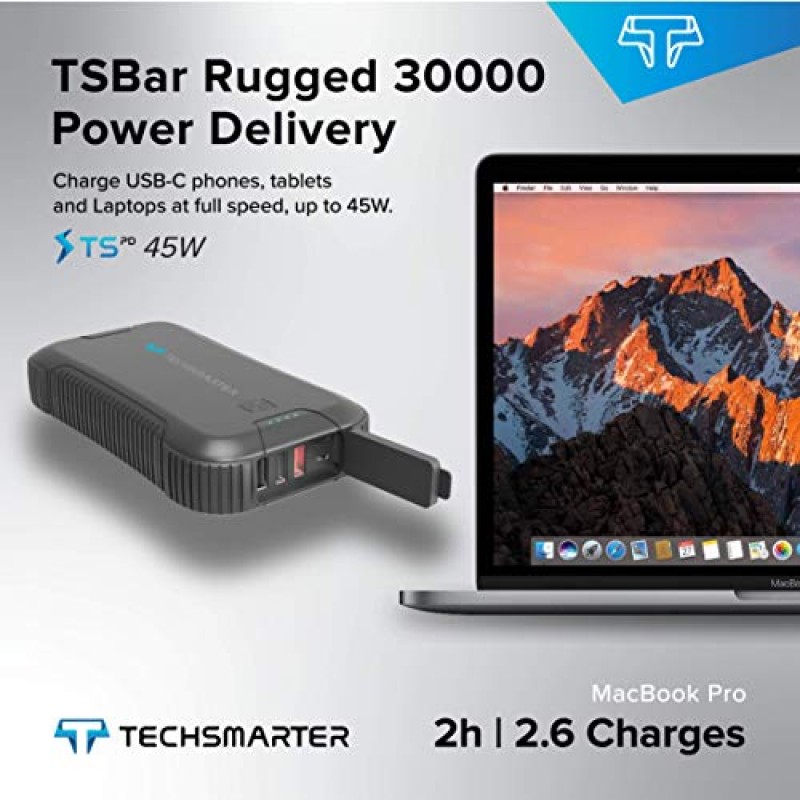 TECHSMARTER 30000mah 견고한 방수 45W USB-C PD 헤비듀티 보조베터리, 캠핑용 휴대용 충전기, 야외용 손전등 포함. iPhone, Galaxy, iPad, MacBook, Steam Deck과 호환 가능